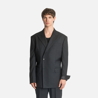 Concealed Four Button Double-Breasted Suit - Black Wool Twill