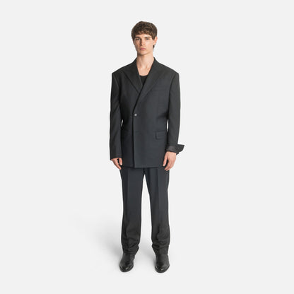 Concealed Four Button Double-Breasted Suit - Black Wool Twill