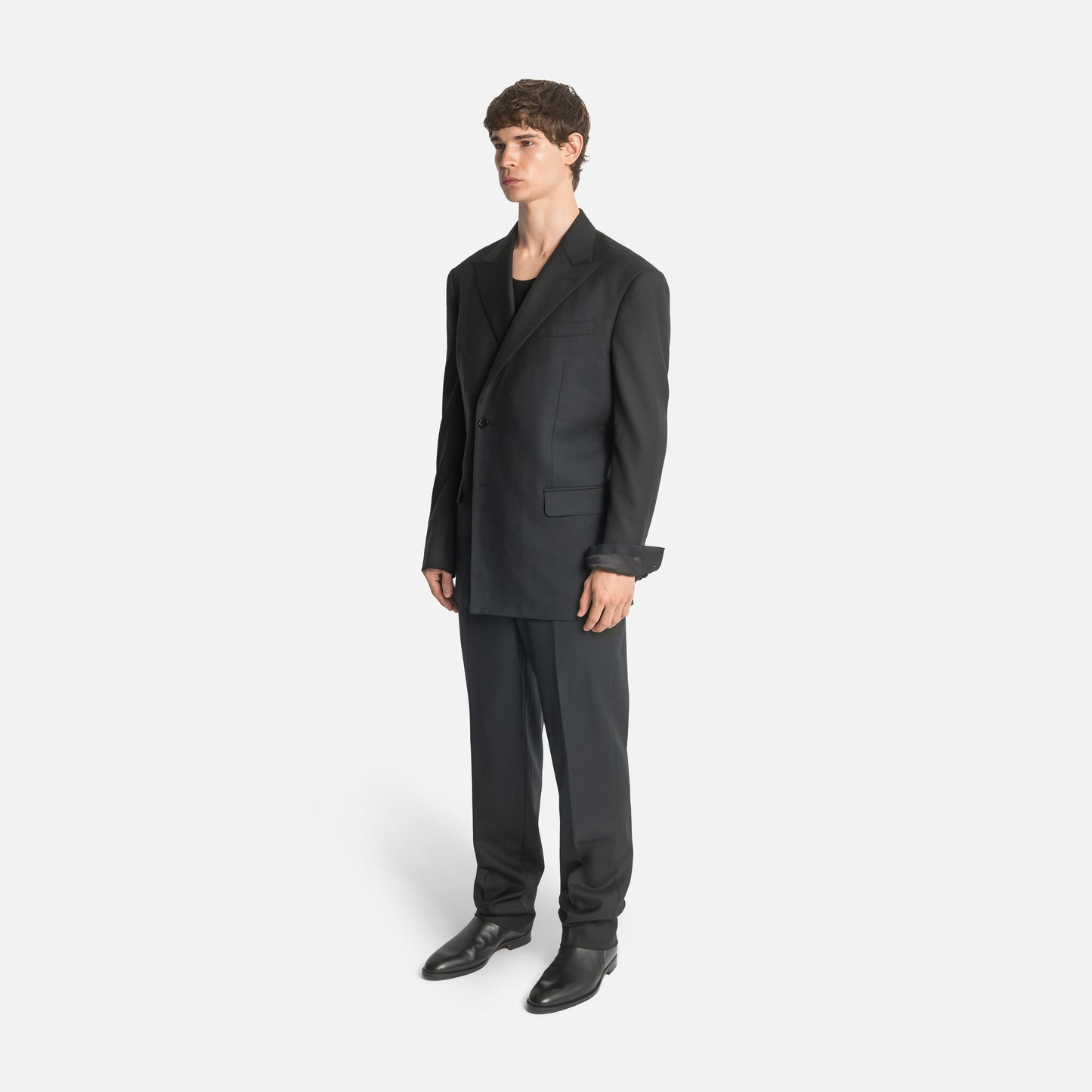 Concealed Four Button Double-Breasted Suit - Black Wool Twill