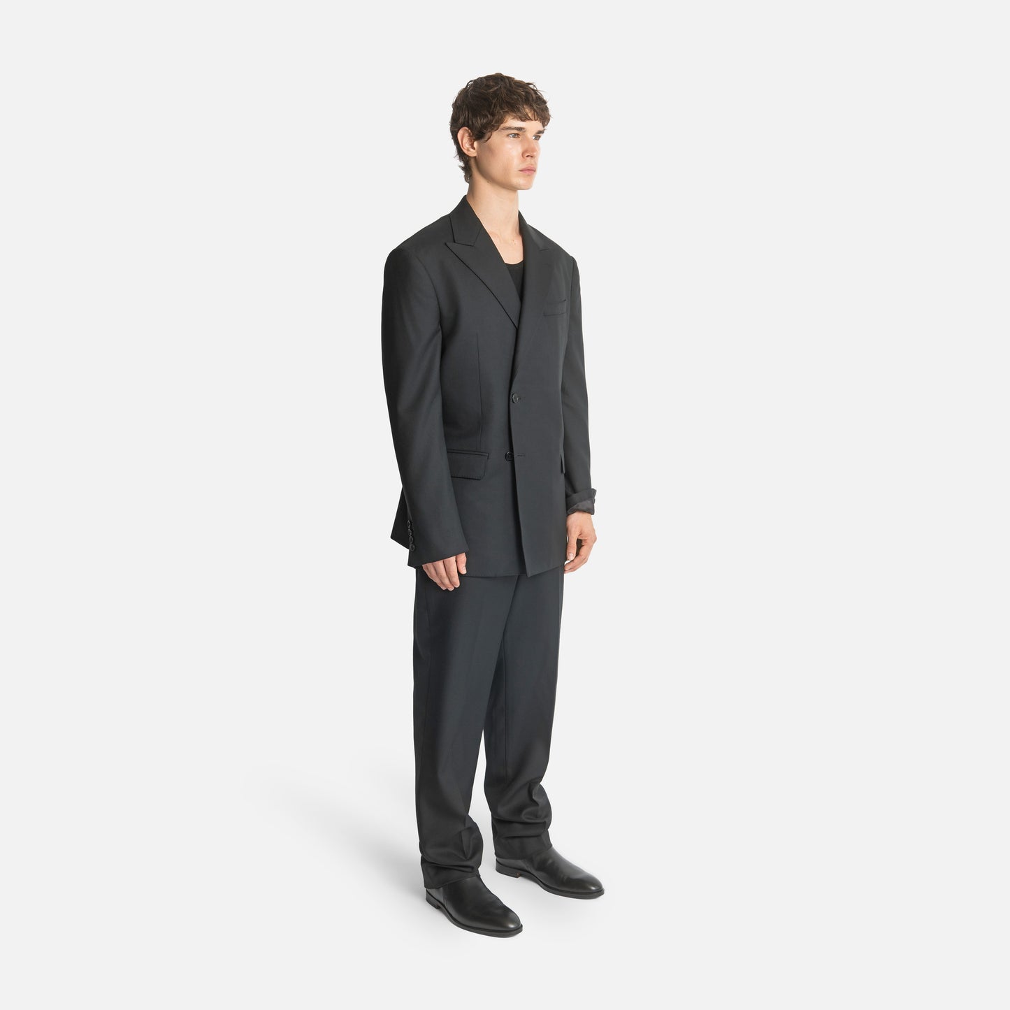 Concealed Four Button Double-Breasted Suit - Black Wool Twill