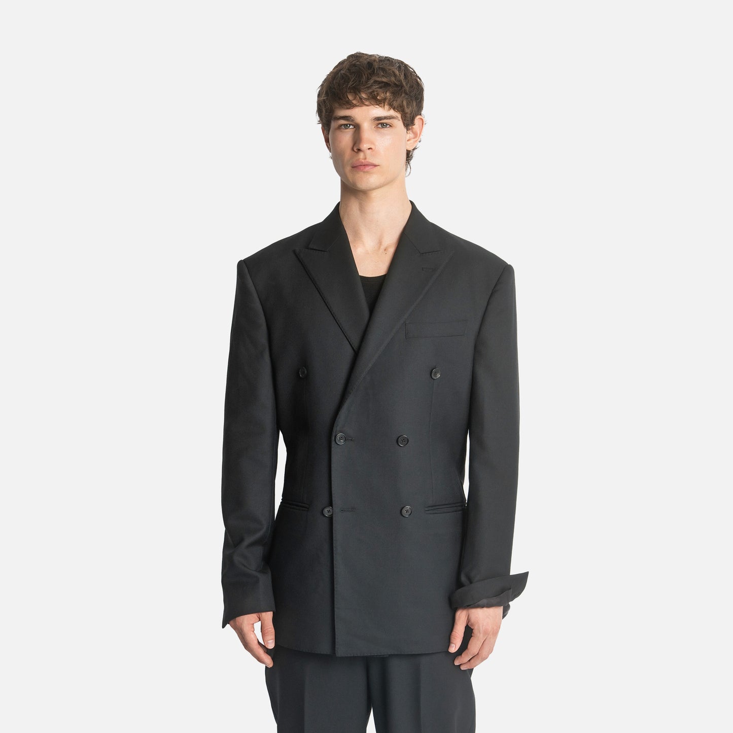 Six Button Double-Breasted Suit - Black Wool Twill