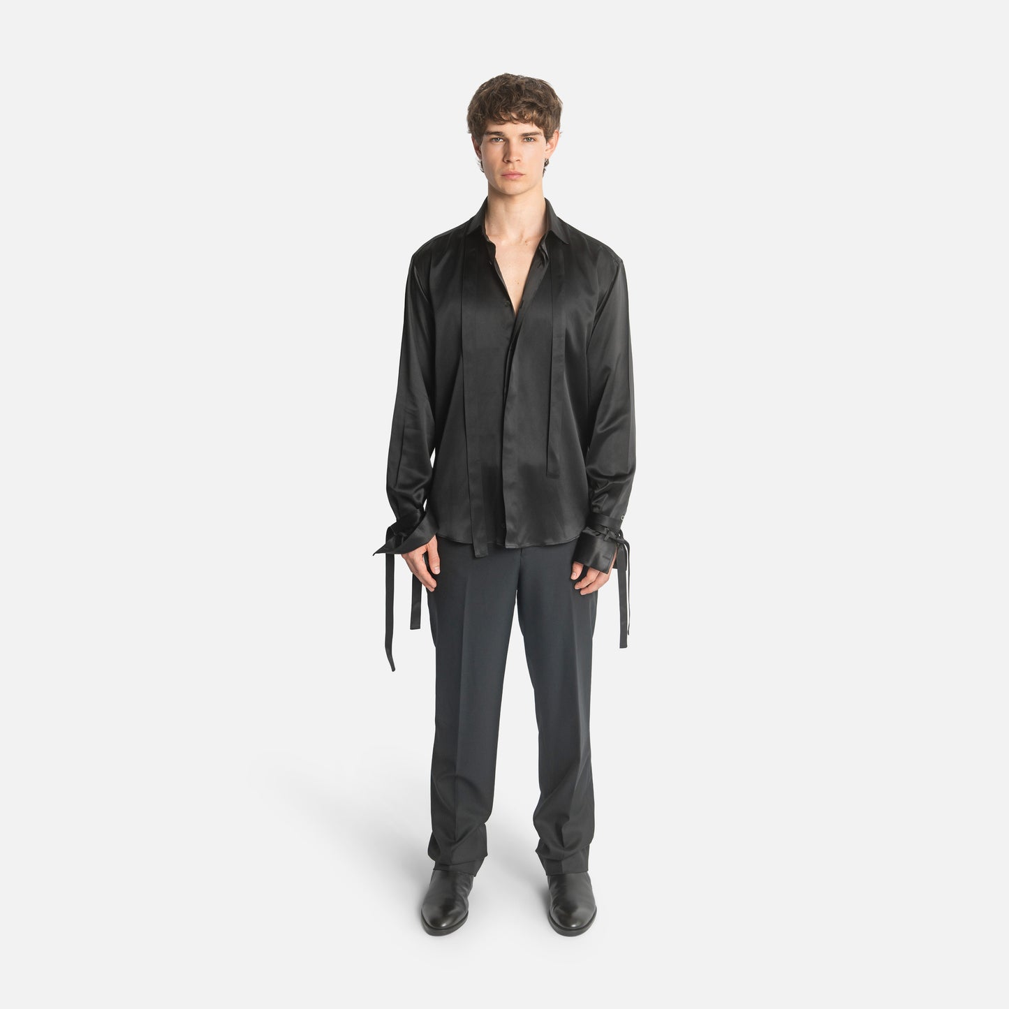 "Angels on Orchard Street" Embroidered Silk Tassel Shirt - Black