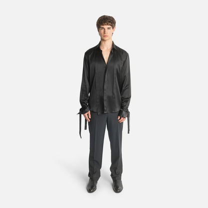 "Angels on Orchard Street" Embroidered Silk Tassel Shirt - Black