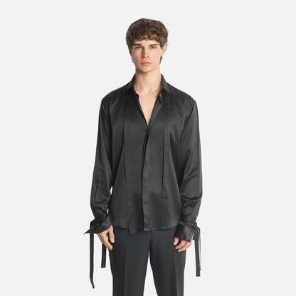 "Angels on Orchard Street" Embroidered Silk Tassel Shirt - Black