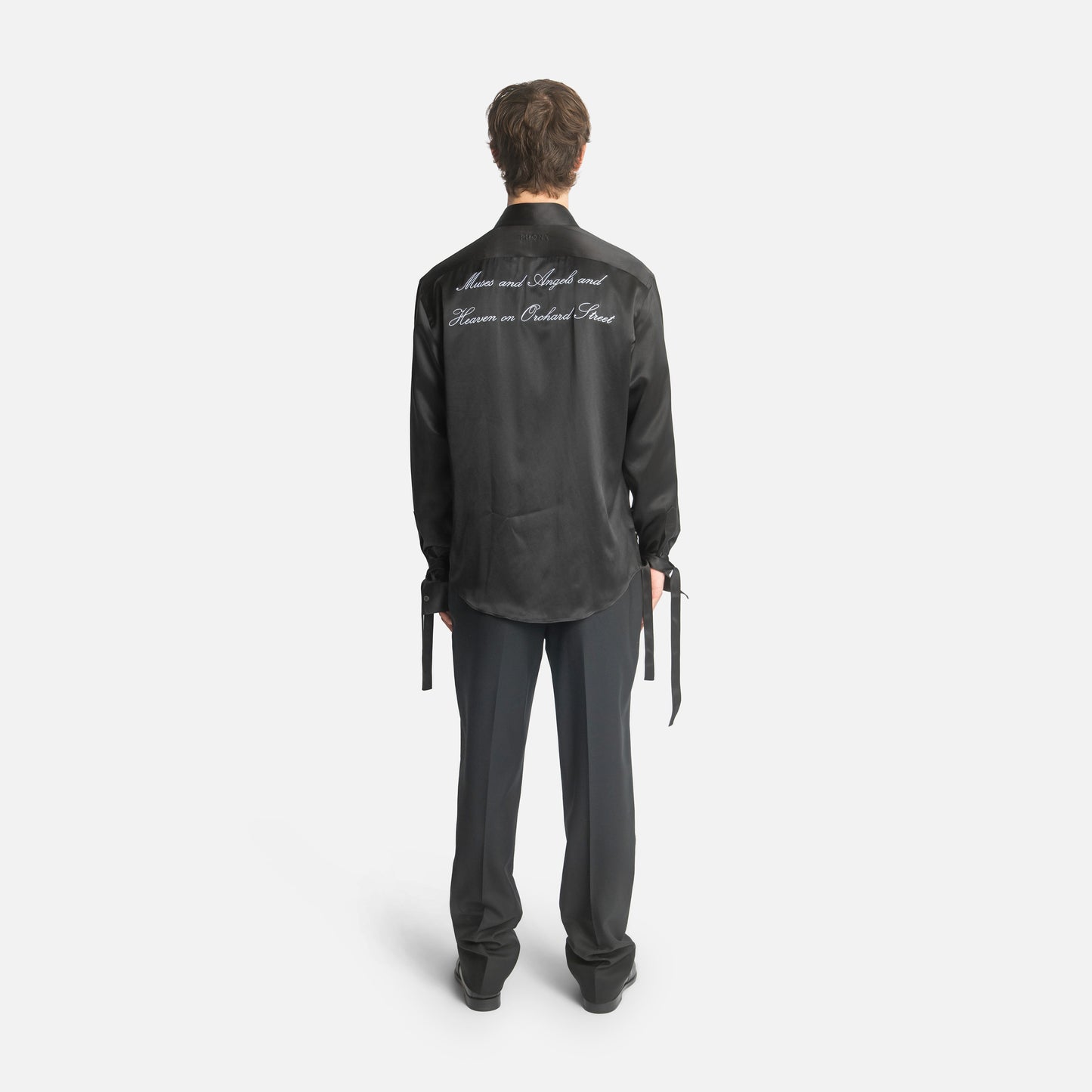 "Angels on Orchard Street" Embroidered Silk Tassel Shirt - Black
