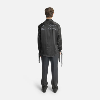 "Angels on Orchard Street" Embroidered Silk Tassel Shirt - Black