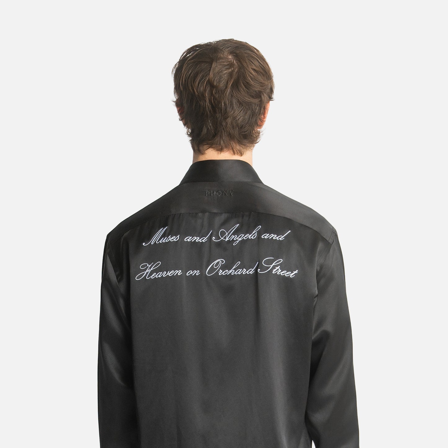"Angels on Orchard Street" Embroidered Silk Tassel Shirt - Black