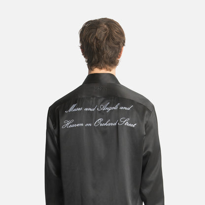 "Angels on Orchard Street" Embroidered Silk Tassel Shirt - Black