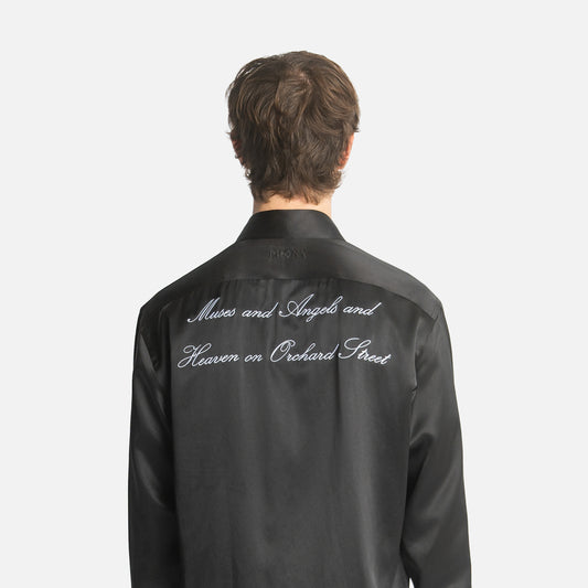 "Angels on Orchard Street" Embroidered Silk Tassel Shirt - Black
