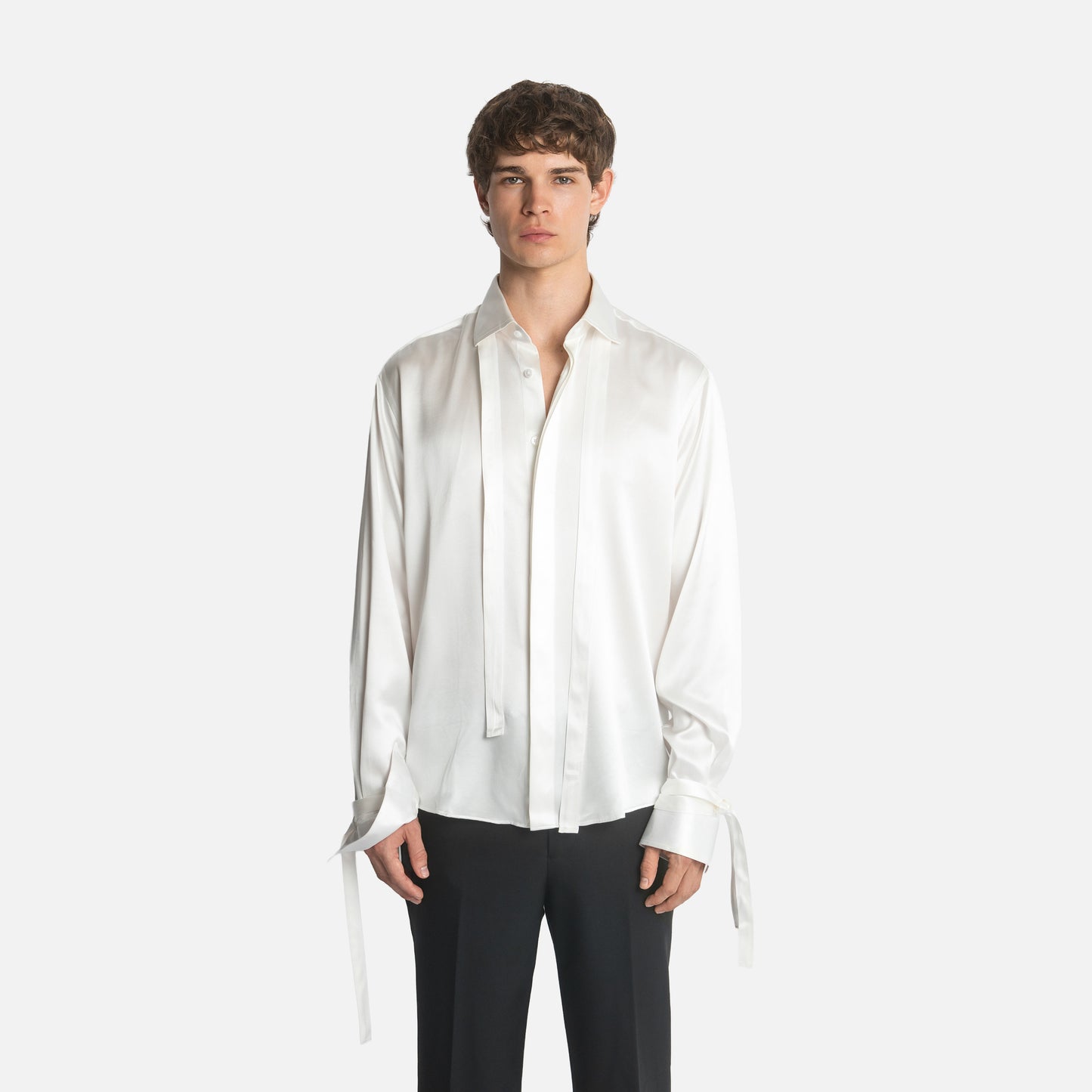 "Angels on Orchard Street" Embroidered Silk Tassel Shirt - Ivory