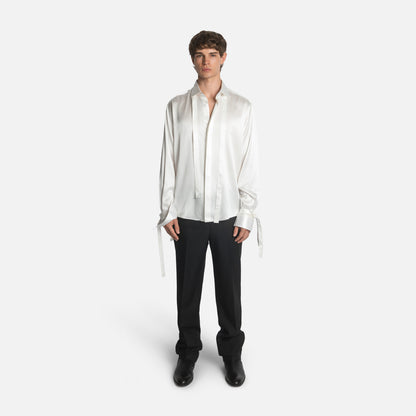 "Angels on Orchard Street" Embroidered Silk Tassel Shirt - Ivory