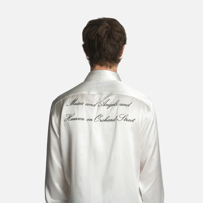 "Angels on Orchard Street" Embroidered Silk Tassel Shirt - Ivory