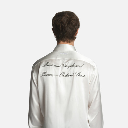 "Angels on Orchard Street" Embroidered Silk Tassel Shirt - Ivory