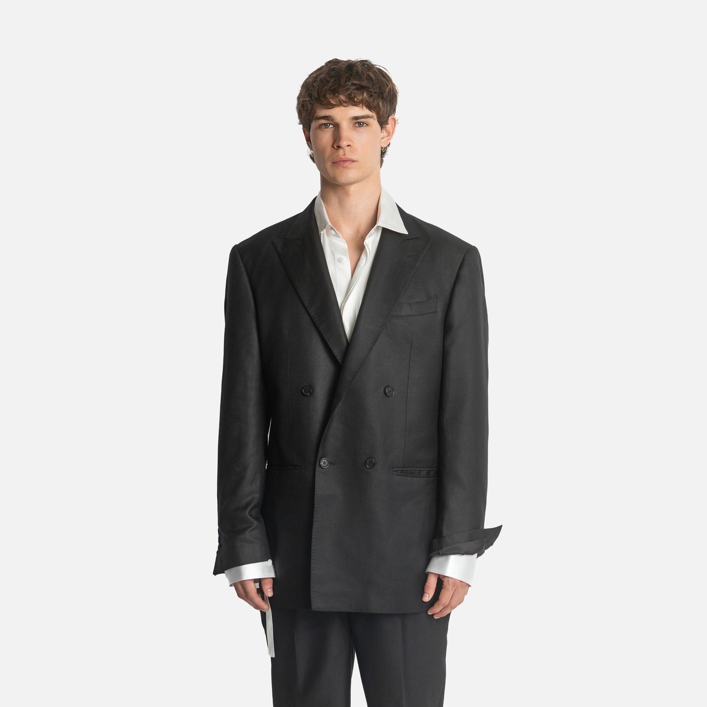 Four Button Double-Breasted Suit - Black Silk Twill