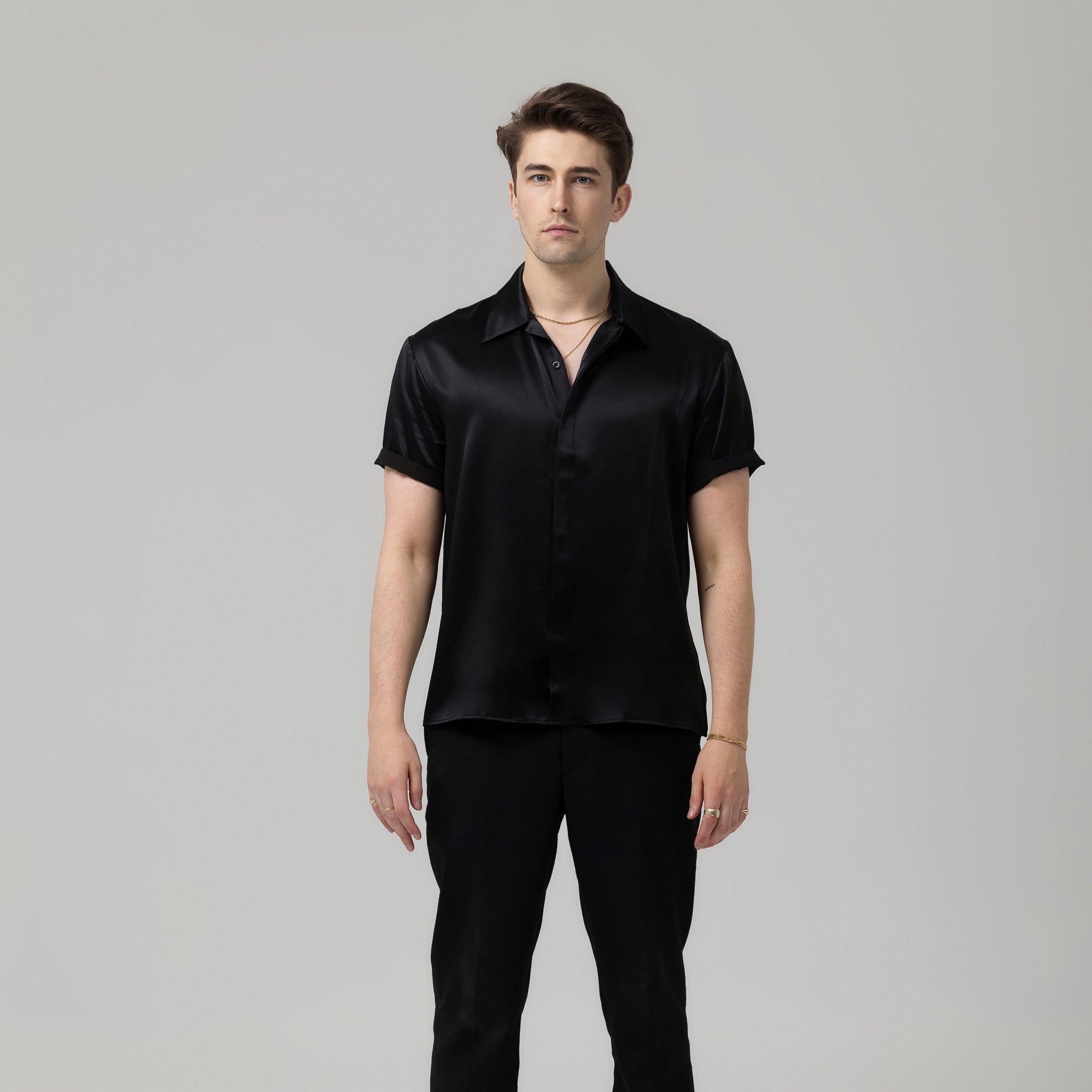 black silk short sleeve shirt